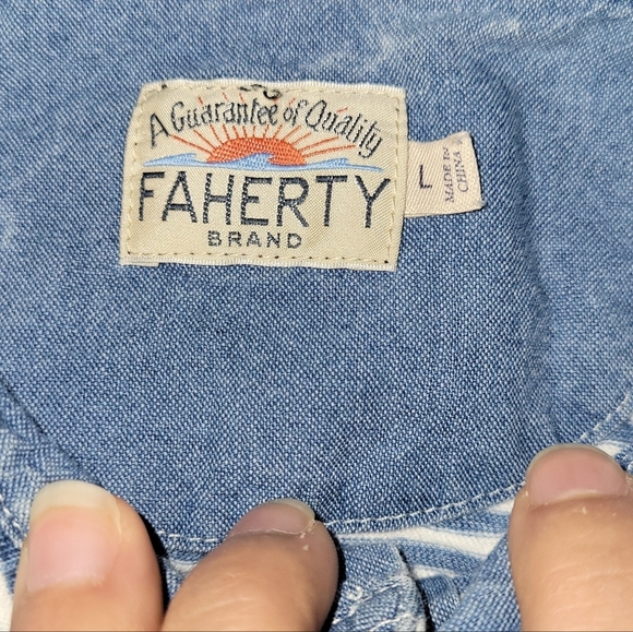 Faherty Men's Indigo Dyed Striped Boho Casual Short Sleeve Polo Shirt - Picture 10 of 10